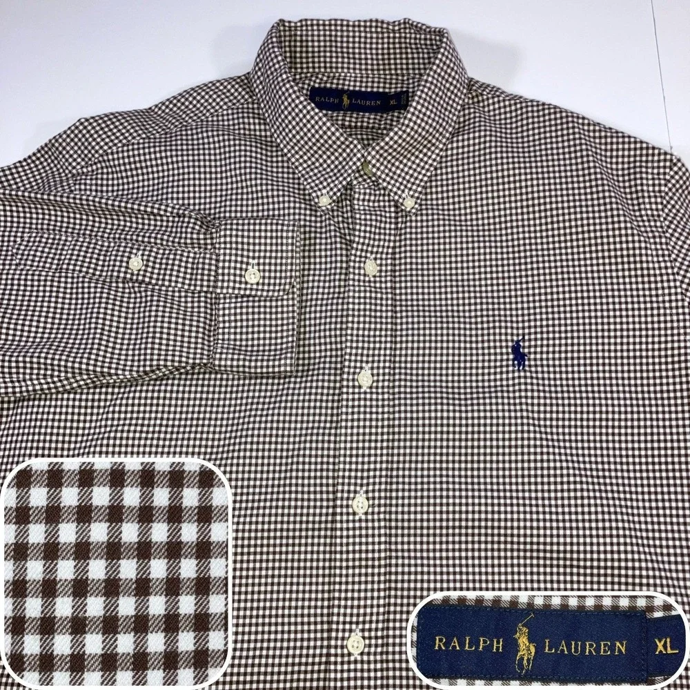 Polo‎ Ralph Lauren Shirt Mens XL Brown Gingham Check Button Down Cotton